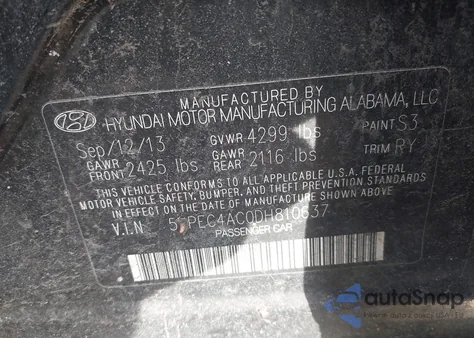 2013 Hyundai Sonata Se from USA, damaged, VIN 5NPEC4AC0DH810637